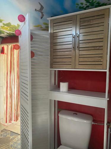 a bathroom with a toilet and wooden cabinets at La Maison du Bonheur in Thiel-sur-Acolin