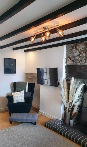 a living room with a fireplace and a tv at Green Cottage in Llanllechid