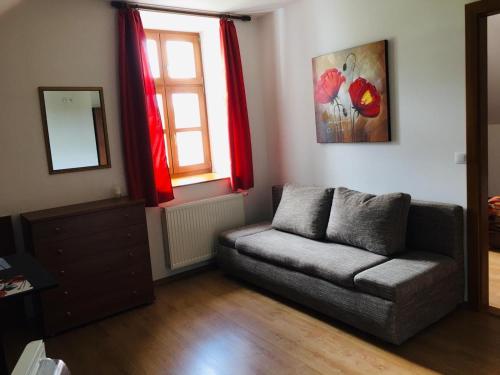 - un salon avec un canapé et une fenêtre dans l'établissement Villa Luef, à Mönichkirchen