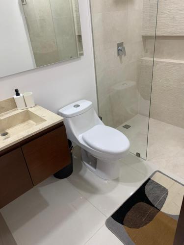 a bathroom with a toilet and a sink and a shower at Estudio Neen Zona Hotelera in Cancún