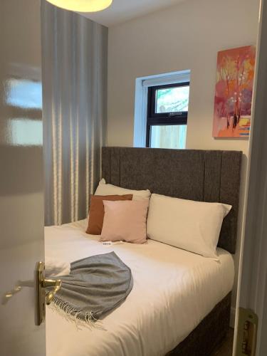 a bed with white sheets and pink pillows and a window at 14 Eyre Square Lane in Galway