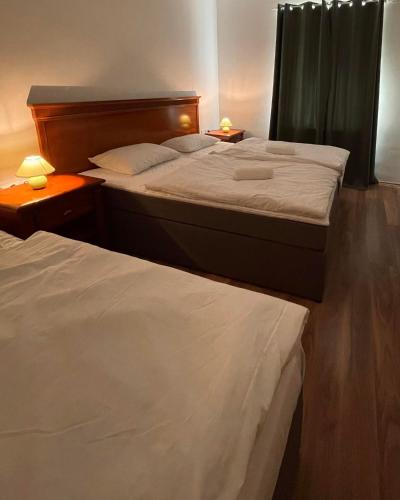 two twin beds in a room with two lamps at Füredi Panzió in Tiszafüred