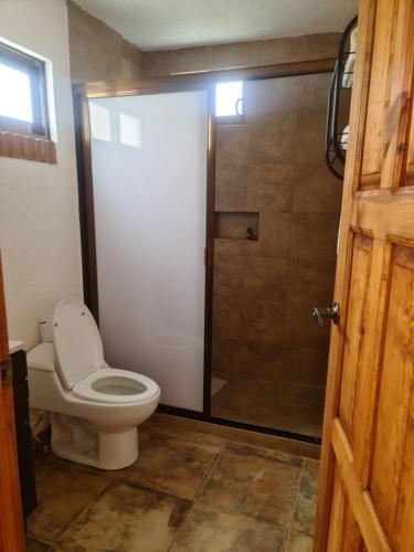 a bathroom with a toilet and a shower at Finca Los Angeles Hospederia & Sociales in Huasca de Ocampo