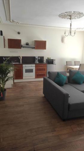 a living room with a couch and a kitchen at AUBIGNY SUR NERE in Aubigny-sur-Nère