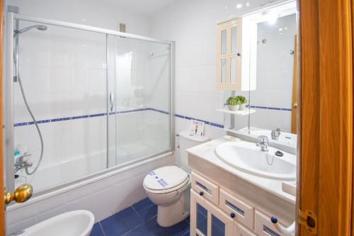 La salle de bains est pourvue d'une douche, de toilettes et d'un lavabo. dans l'établissement Apartamento El Anteojo de Cádiz, à Cadix