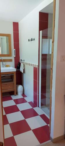 La salle de bains est pourvue d'un sol en damier rouge et blanc. dans l'établissement LES RÊVES BLEUS, à Saint-Congard