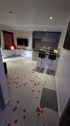 a living room with a floor with red flowers on it at Relax Appart Hôtel in Kourou