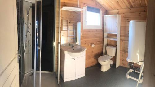 Un baño pequeño con inodoro y lavabo. en Chalet 35m2 Domaine du vieux chêne, en Bergerac