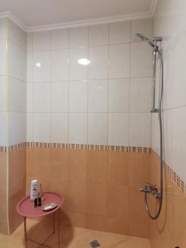 a bathroom with a shower and a pink table at Famagusta Antoniya in Aheloy