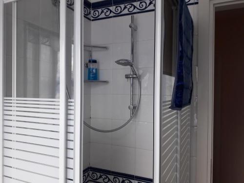 a shower in a bathroom with a glass door at Maison Lavande in LʼAquila