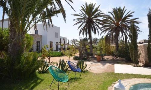 two chairs in a yard with palm trees and a pool at La Maison d'Hélène Essaouira in Oulad el Madani