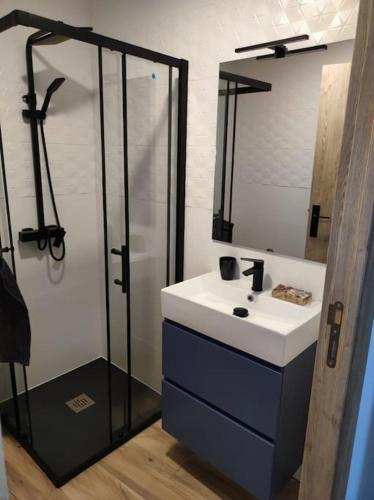 a bathroom with a sink and a shower at La Cartería de Trabanca in Trabanca