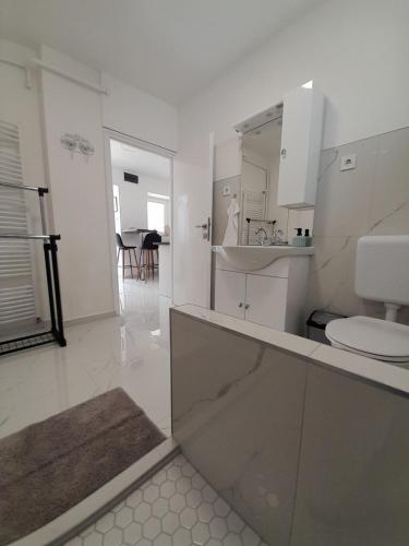 a white kitchen with a sink and a toilet at Déri Kert Apartmanház B in Baja