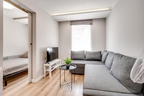 a living room with a couch and a bed at Central Platinum Apartments 15 in Rybnik