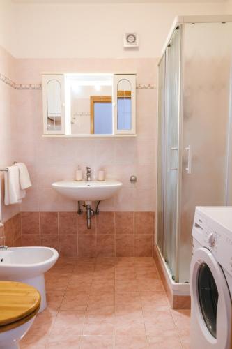 a bathroom with a sink and a shower at Hiša Ivančič in Šared