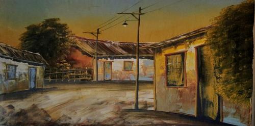 an oil painting of a building with a street light at Turpino House in Vilar Torpim