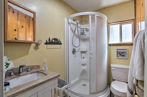 La salle de bains est pourvue d'une douche, de toilettes et d'un lavabo. dans l'établissement Cozy Big Bear Cabin with Decks - Walk to Lake!, à Big Bear Lake