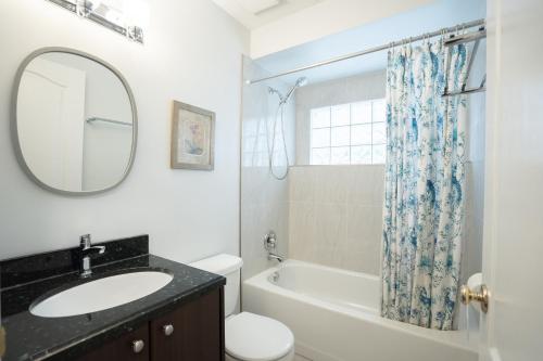 a bathroom with a sink and a toilet and a mirror at Lovely 1BR Secondary suite with Separate entrance in New Westminster
