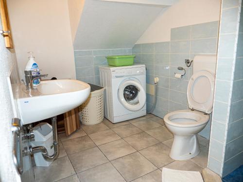 a bathroom with a toilet and a sink and a washing machine at Synergy Deluxe Apartments in Sečovlje
