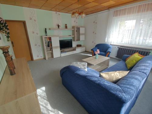 a living room with a blue couch and a tv at Gemütliche Ferienwohnung in Körba am See 
