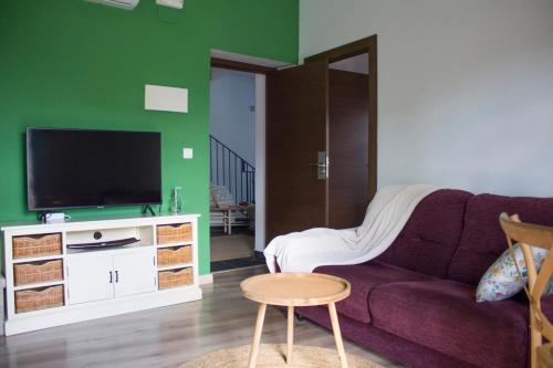 een woonkamer met een paarse bank en een tv bij Luz del Tajo in Alcántara