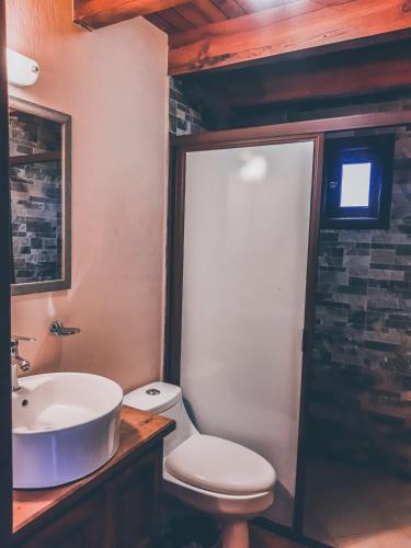 a bathroom with a white toilet and a sink at Cabañas Las Morenas Mazamitla in Mazamitla