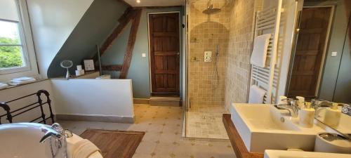 a bathroom with a sink and a shower and a tub at Moulin de Giboudet Chambres d'hôtes in Bazainville