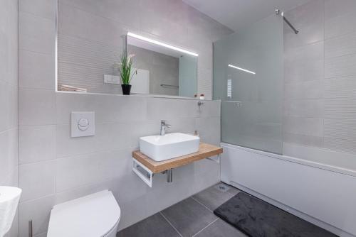 een badkamer met een wastafel, een toilet en een spiegel bij Villa Gold Residence 2 in Mlini