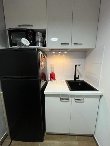 a kitchen with a black refrigerator and a sink at Studio IKA Belgrade Airport Free Parking possible Self Check-In Terrace in Ledine