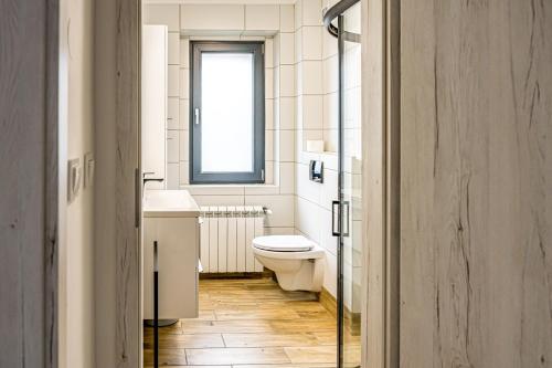 ein Bad mit einem WC, einem Waschbecken und einem Fenster in der Unterkunft Apartamenty Na Szlaku 