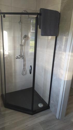 a shower stall with a shower head and a towel at Sielska Dolina pod Ślężą in Mysłaków