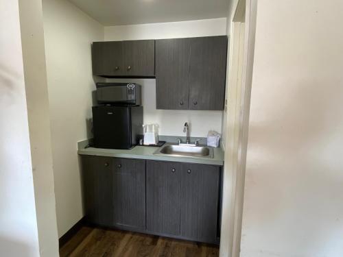 a small kitchen with a sink and a microwave at Desert Sands Inn & Suites in Albuquerque