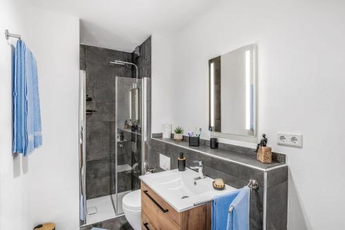 a bathroom with a sink and a shower at CityOase im Zentrum mit 24-7 Self Check-In, WLAN & Smart TV in Kiel