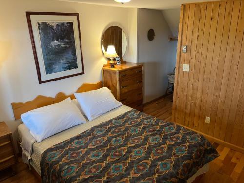 a bedroom with a bed and a dresser and a mirror at L'Aubergine in Saint Hilarion