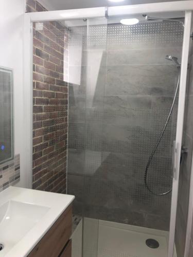 une salle de bain avec une douche en verre avec un lavabo dans l'établissement Le cottage, à Villers-sur-Mer