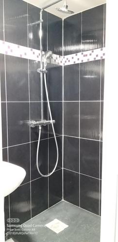 W łazience znajduje się prysznic i ściana wyłożona czarnymi kafelkami. w obiekcie Equipée 2 personnes proche Paris w mieście Argenteuil