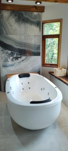 bañera blanca en una habitación con una pintura en Pousada Opas Haus, en Camanducaia
