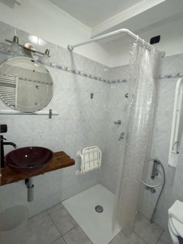 La salle de bains blanche est pourvue d'une douche et d'un lavabo. dans l'établissement Rifugio Baita Belvedere, à Champoluc