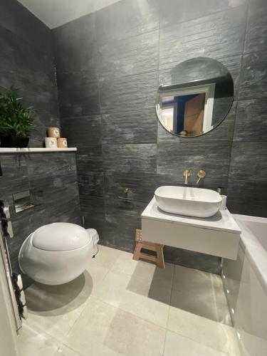 a bathroom with a toilet and a sink and a mirror at Coastline Retreats - Cloud9 Holiday Accommodation- 2 Bedroom self contained garden flat - Luxury bath, Netflix, Superfast Wifi, Parking included in Bournemouth