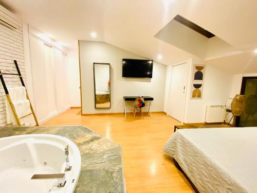 a bathroom with a tub and a television in a room at SUITE SORPRESA VuT LA TABERNA in Arenas de San Pedro