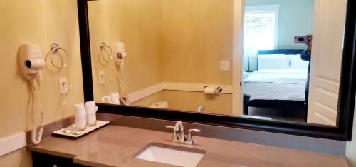 La salle de bains est pourvue d'un lavabo et d'un grand miroir. dans l'établissement Beautiful Private Room in BlueBack BeachFront, à Nanaimo