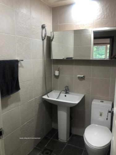 a bathroom with a sink and a toilet and a mirror at Moon-hyo House 1 in Boryeong