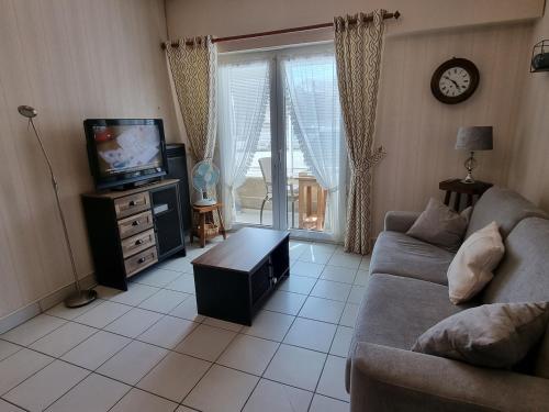 un salon avec un canapé et une télévision dans l'établissement Charmant T2, terrasse privative, proche plage et commerces - Quartier des Présidents, Les Sables d'Olonne - FR-1-325-124, à Les Sables-dʼOlonne