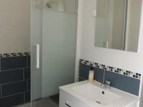 une salle de bain avec un lavabo et une douche avec un miroir dans l'établissement Appartement T2 en RDC, Proche Plage et Commerces, Idéal pour Séjours en Bord de Mer - FR-1-646-30, à Berck-sur-Mer