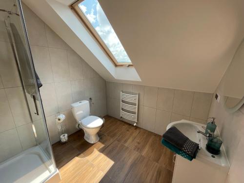 a bathroom with a toilet and a sink and a skylight at Kolejowy Smolnik in Smolnik