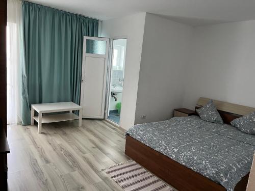 1 dormitorio con cama, mesa y espejo en Casa Analys, en 23 August