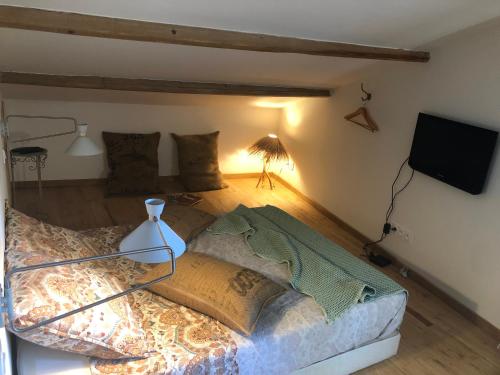 - une chambre avec un lit et une télévision dans l'établissement Chambre d'hôtes dans une ancienne bergerie, aux Angles (Gard)