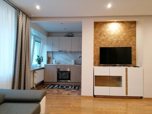 uma sala de estar com um sofá e uma televisão em Centro apartamentai em Zarasai