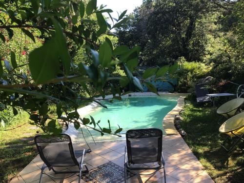 a swimming pool with two chairs in a yard at Roulotte Fenouillet in Hyères