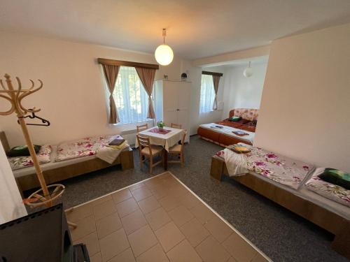 a living room with two beds and a table at Penzion Na Výsluní in Strašín